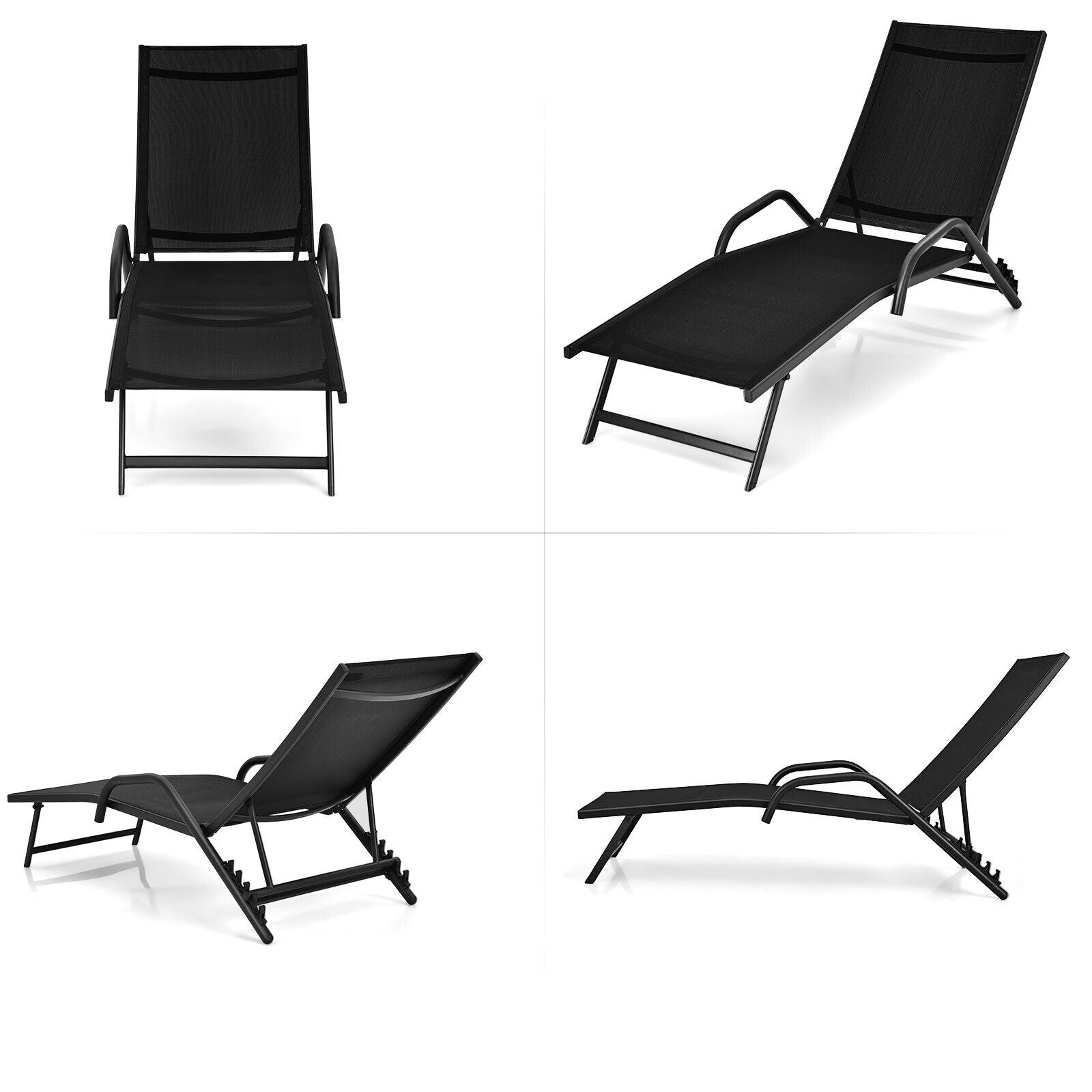 2 Pieces Outdoor Chaise Lounge with 5-Position Adjustable Backrest, Black Outdoor Chaise Lounges at Gallery Canada