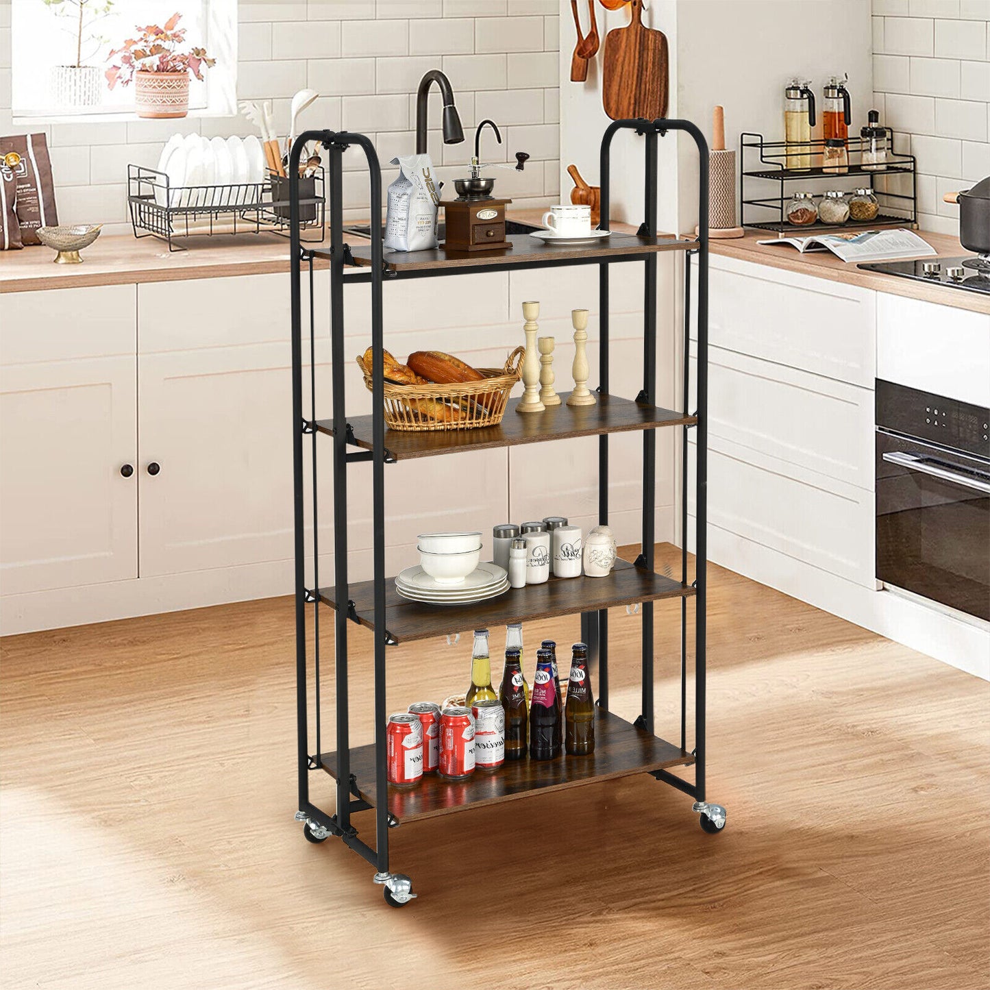 Foldable Rolling Cart with Storage Shelves for Kitchen-4-Tier Kitchen Islands & Carts at Gallery Canada