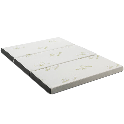 Queen 3 Inch Tri-fold Memory Foam Floor Mattress Topper Portable with Carrying Bag-M, White