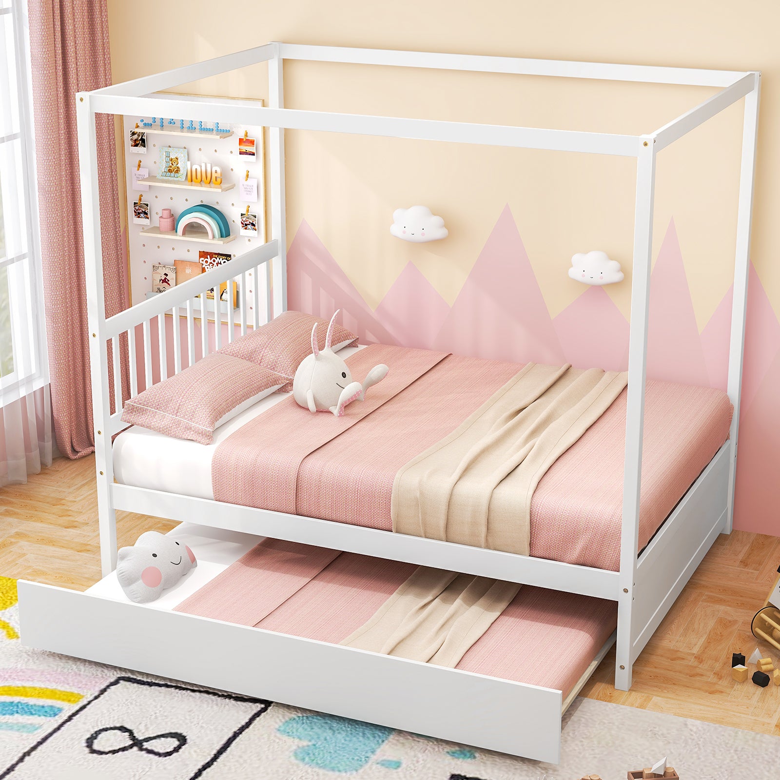 Full Size Canopy Bed With Trundle, Wooden Platform Frame, White Trundle Bed Frame at Gallery Canada