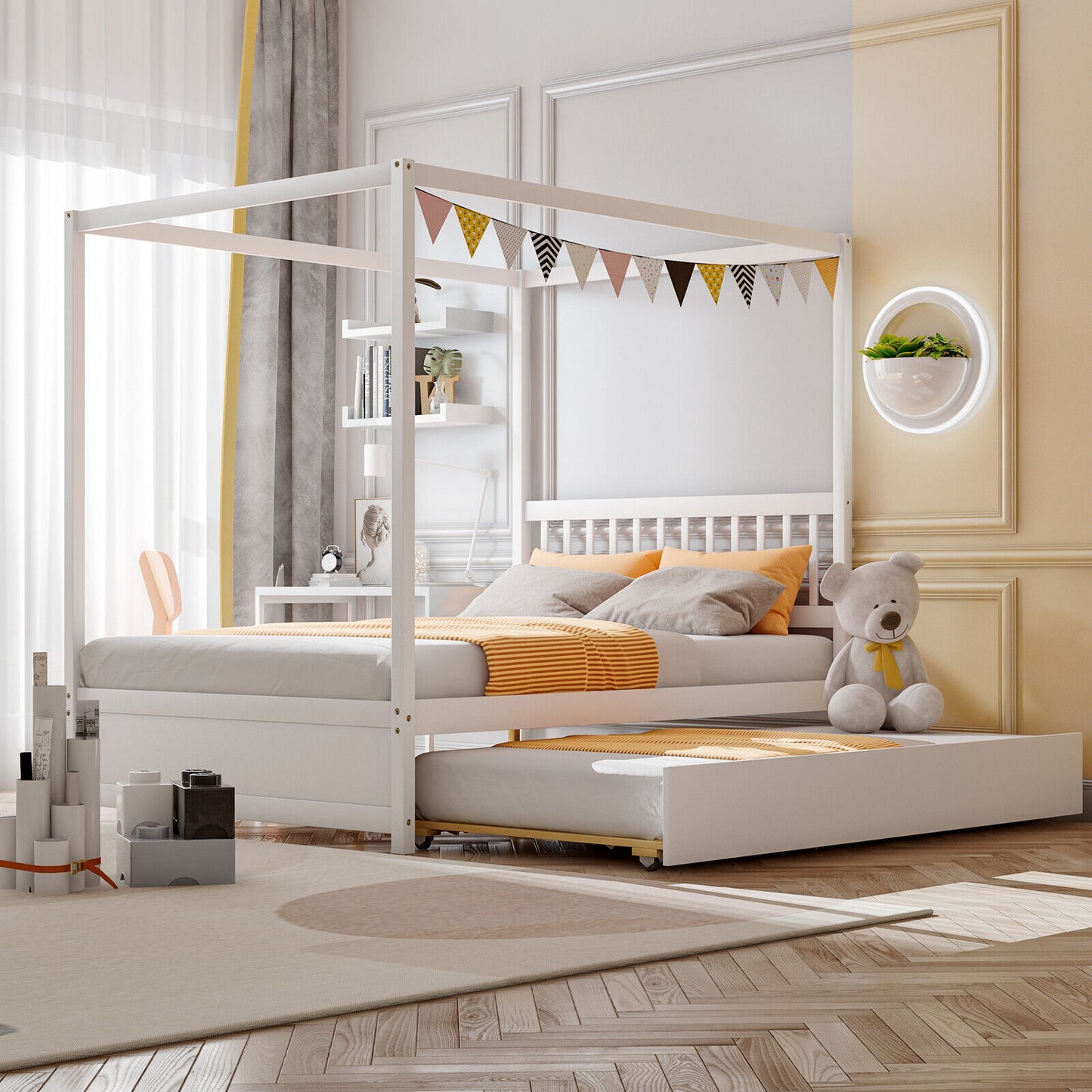 Full Size Canopy Bed with Trundle Wooden Platform Bed Frame Headboard, White Trundle Bed Frame at Gallery Canada