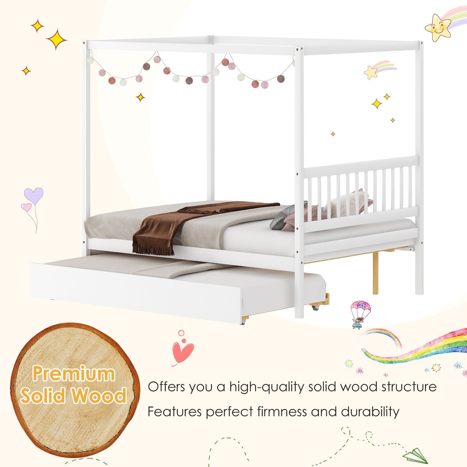 Full Size Canopy Bed with Trundle Wooden Platform Bed Frame Headboard, White Trundle Bed Frame at Gallery Canada