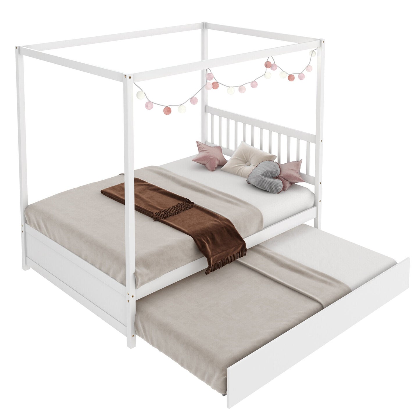 Full Size Canopy Bed with Trundle Wooden Platform Bed Frame Headboard, White Trundle Bed Frame at Gallery Canada