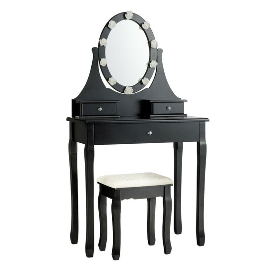 3 Drawer Lighted Mirror Vanity Table With Stool, Black