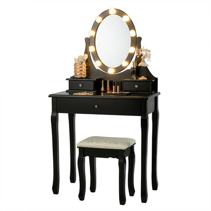3 Drawers Lighted Mirror Vanity Dressing Table Stool Set, Black Makeup Vanities at Gallery Canada