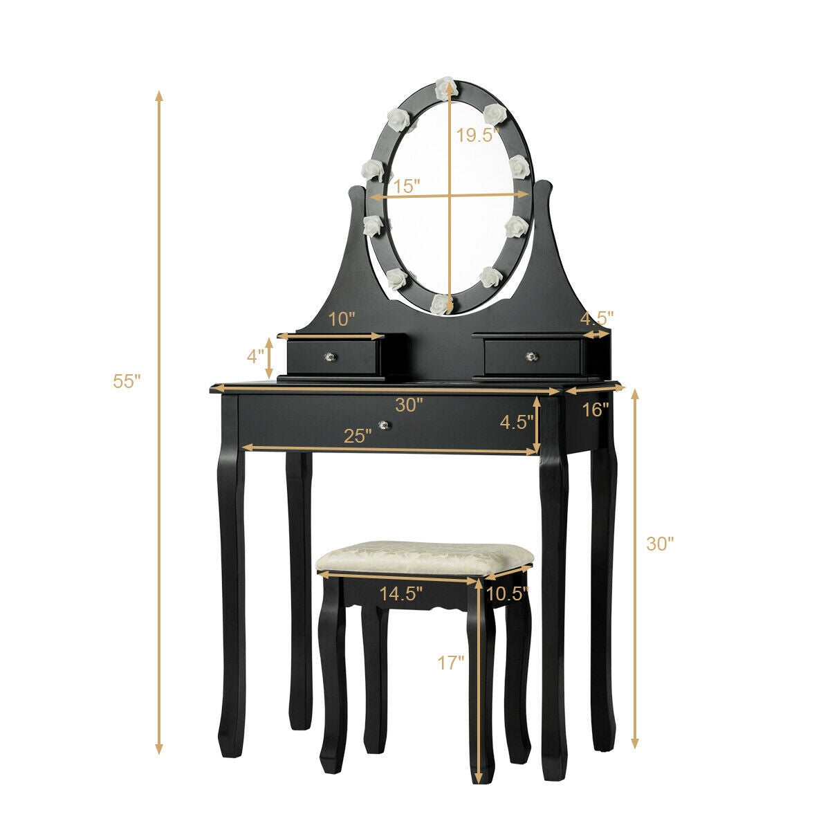 3 Drawers Lighted Mirror Vanity Dressing Table Stool Set, Black Makeup Vanities at Gallery Canada