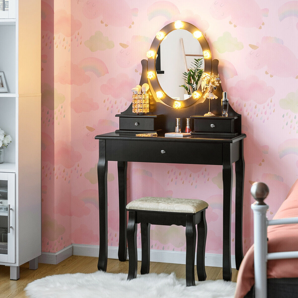 3 Drawers Lighted Mirror Vanity Dressing Table Stool Set, Black Makeup Vanities at Gallery Canada