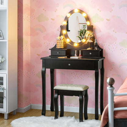 3 Drawers Lighted Mirror Vanity Dressing Table Stool Set, Black Makeup Vanities at Gallery Canada