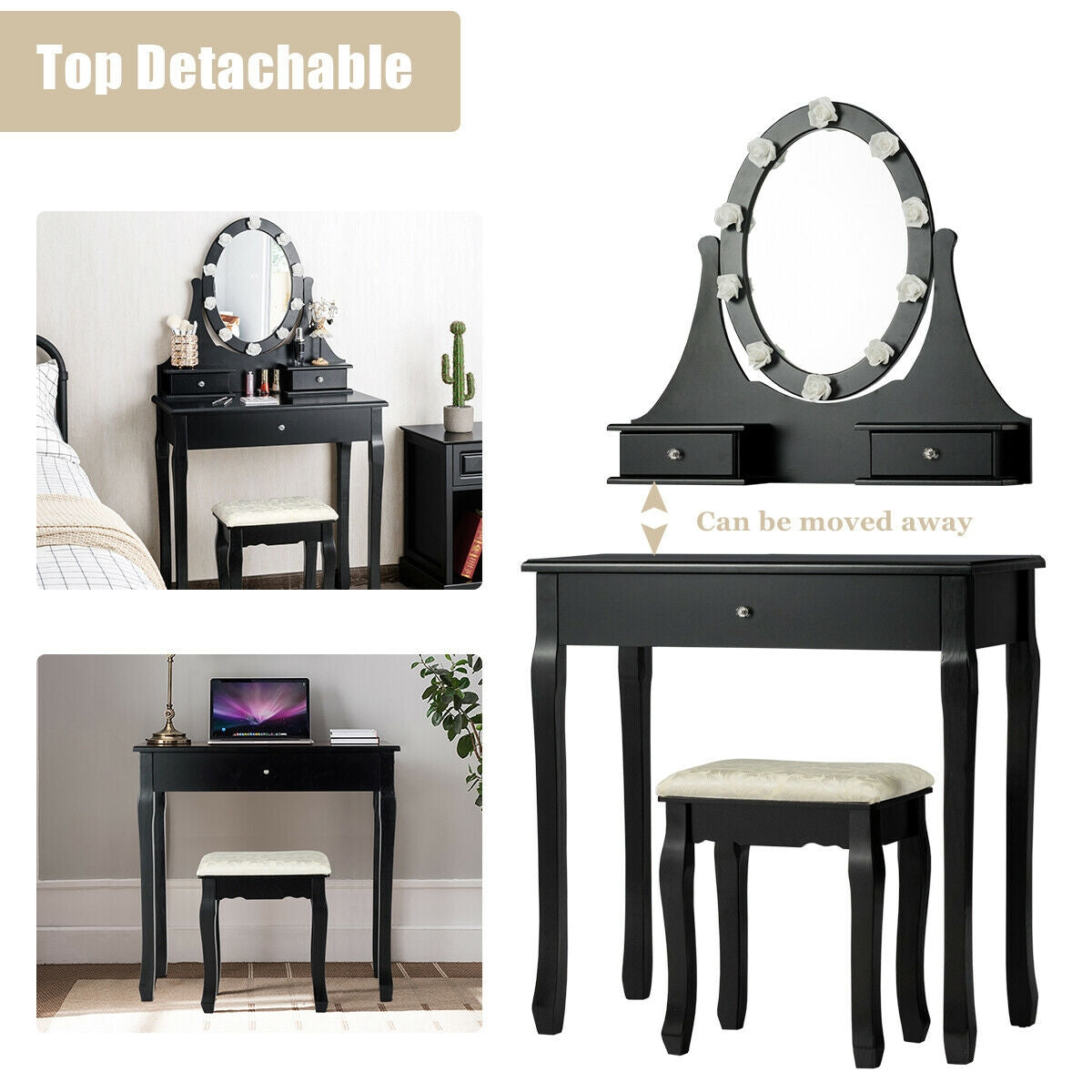 3 Drawers Lighted Mirror Vanity Dressing Table Stool Set, Black Makeup Vanities at Gallery Canada