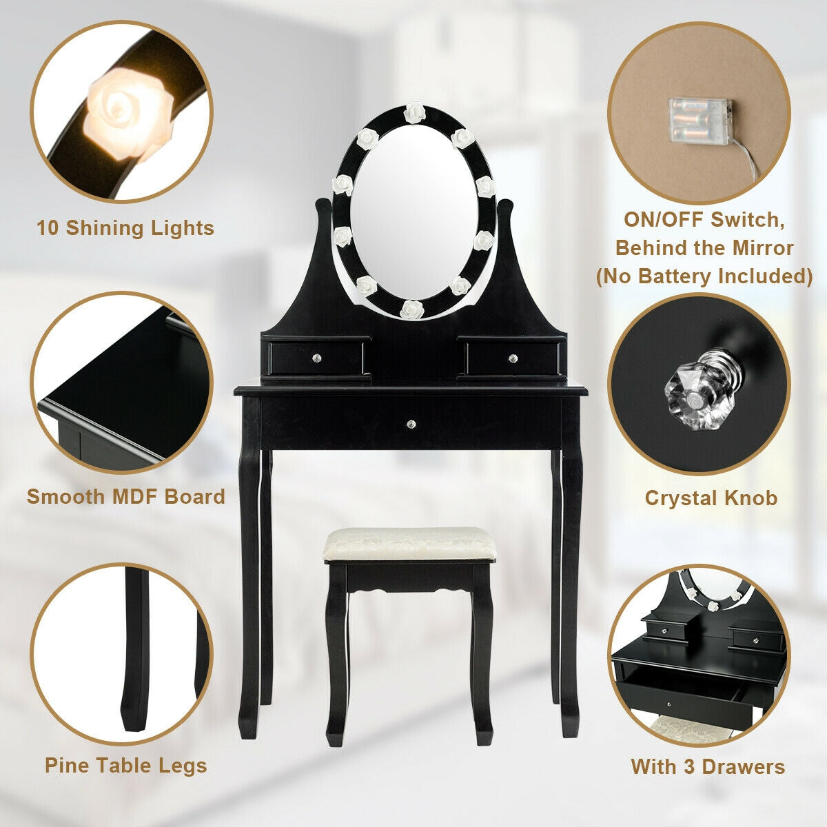 3 Drawers Lighted Mirror Vanity Dressing Table Stool Set, Black Makeup Vanities at Gallery Canada