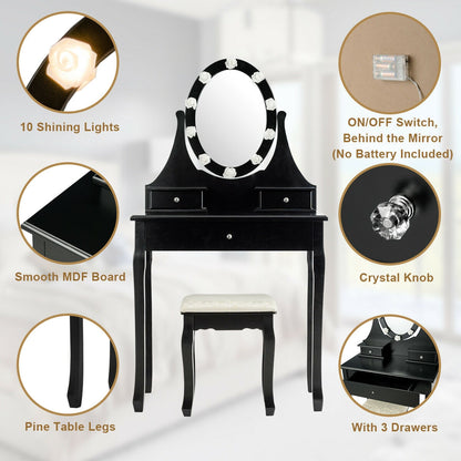 3 Drawers Lighted Mirror Vanity Dressing Table Stool Set, Black Makeup Vanities at Gallery Canada