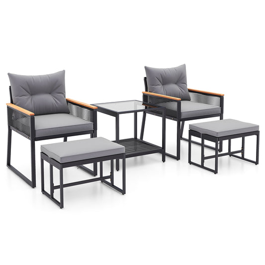 5 Piece Outdoor Rattan Conversation Set with 2-Layer Side Table and 2 Ottomans, Gray Patio Conversation Sets Gray at Gallery Canada