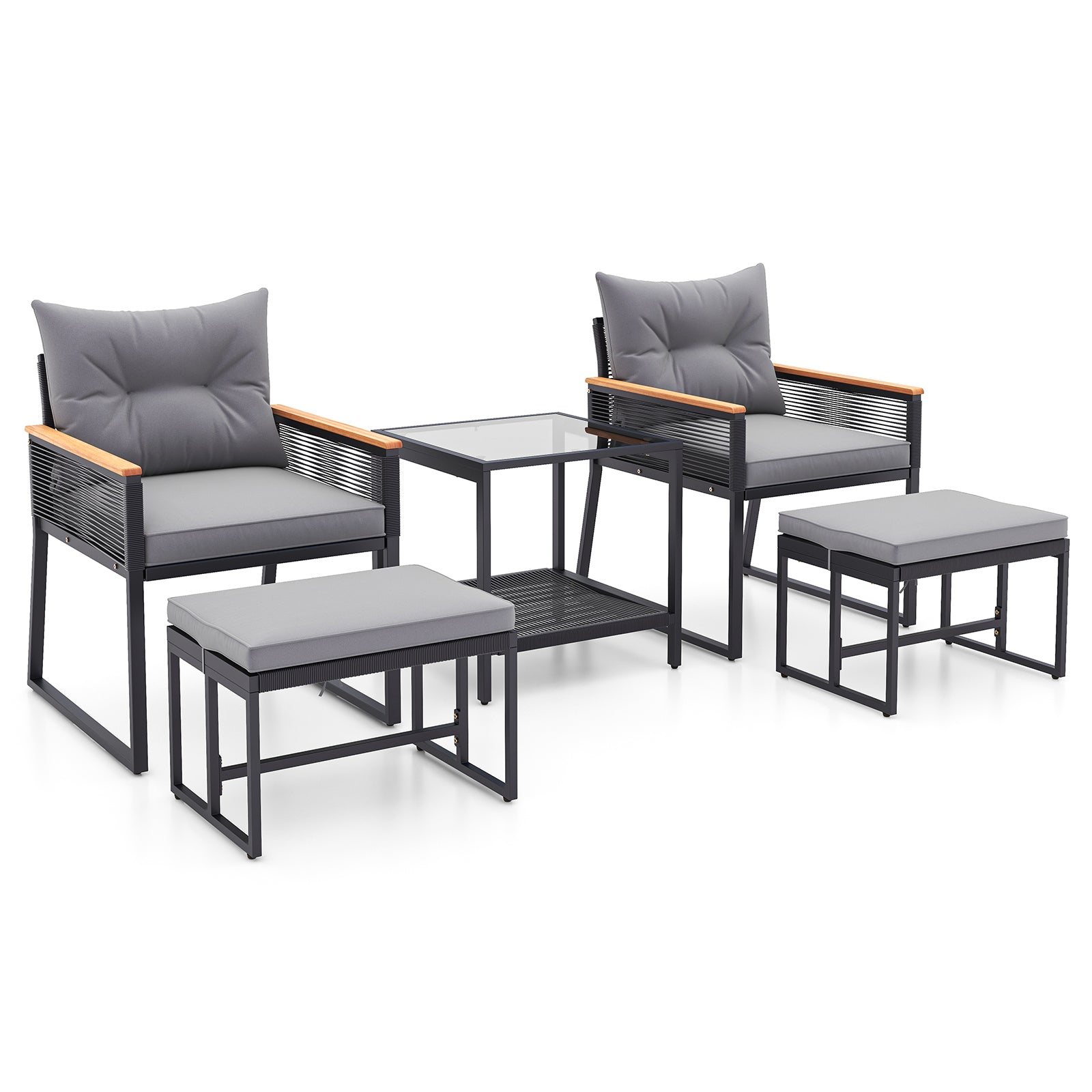 5 Piece Outdoor Rattan Conversation Set with 2-Layer Side Table and 2 Ottomans, Gray Patio Conversation Sets at Gallery Canada