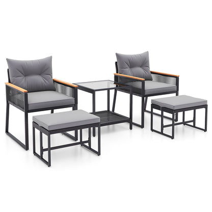 5 Piece Outdoor Rattan Conversation Set with 2-Layer Side Table and 2 Ottomans, Gray Patio Conversation Sets at Gallery Canada
