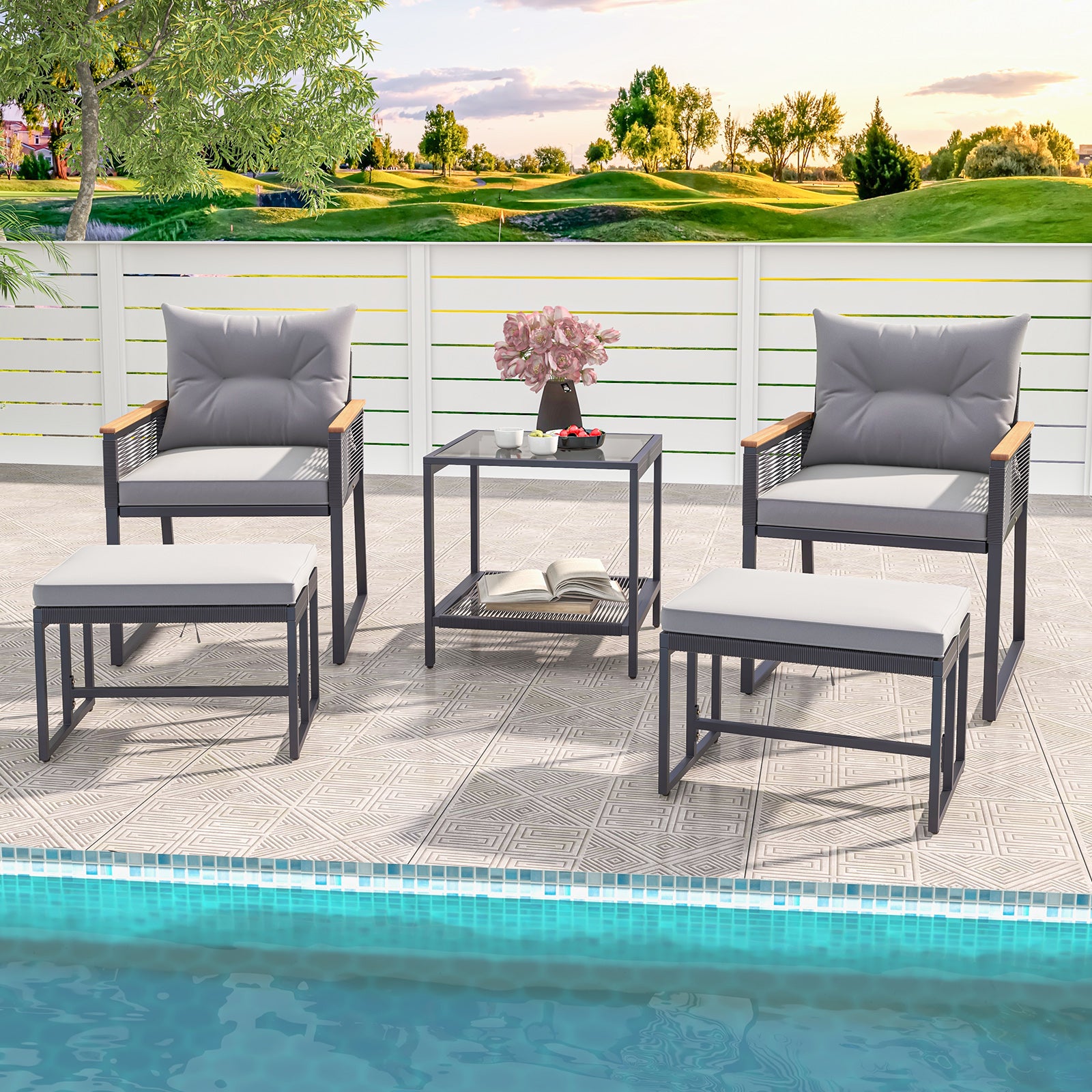 5 Piece Outdoor Rattan Conversation Set with 2-Layer Side Table and 2 Ottomans, Gray Patio Conversation Sets at Gallery Canada