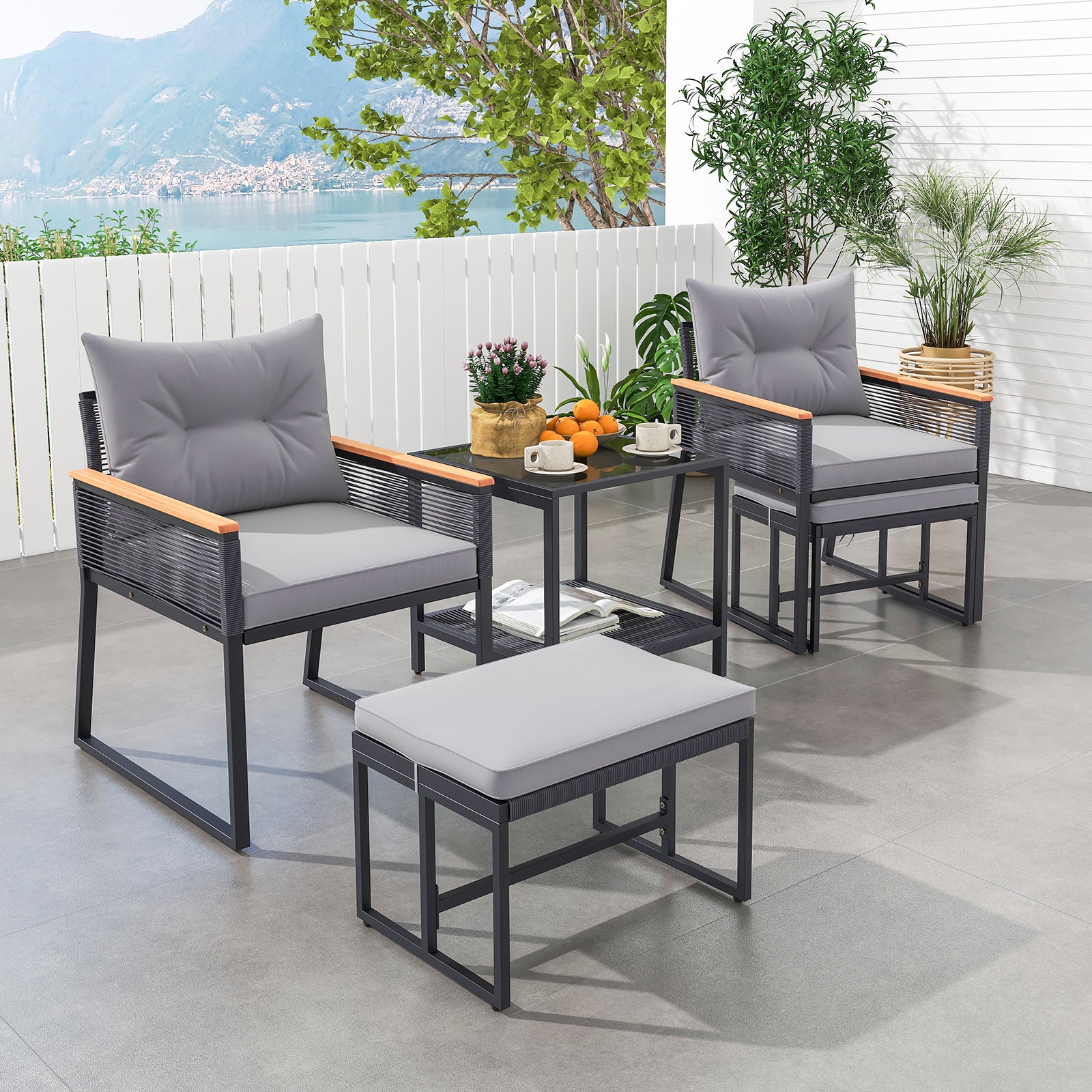 5 Piece Outdoor Rattan Conversation Set with 2-Layer Side Table and 2 Ottomans, Gray Patio Conversation Sets at Gallery Canada