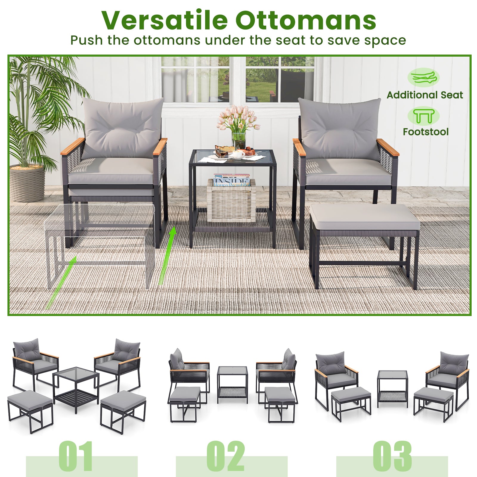 5 Piece Outdoor Rattan Conversation Set with 2-Layer Side Table and 2 Ottomans, Gray Patio Conversation Sets at Gallery Canada