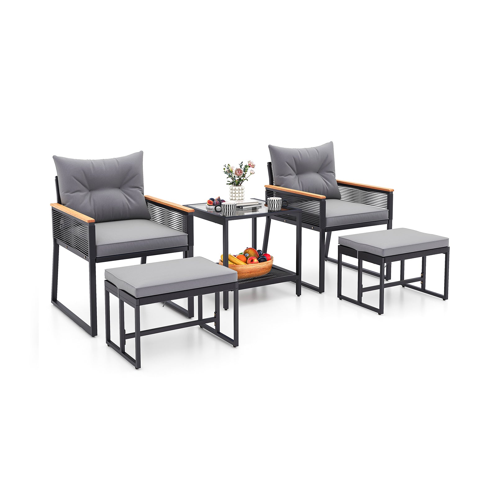 5 Piece Outdoor Rattan Conversation Set with 2-Layer Side Table and 2 Ottomans, Gray Patio Conversation Sets at Gallery Canada