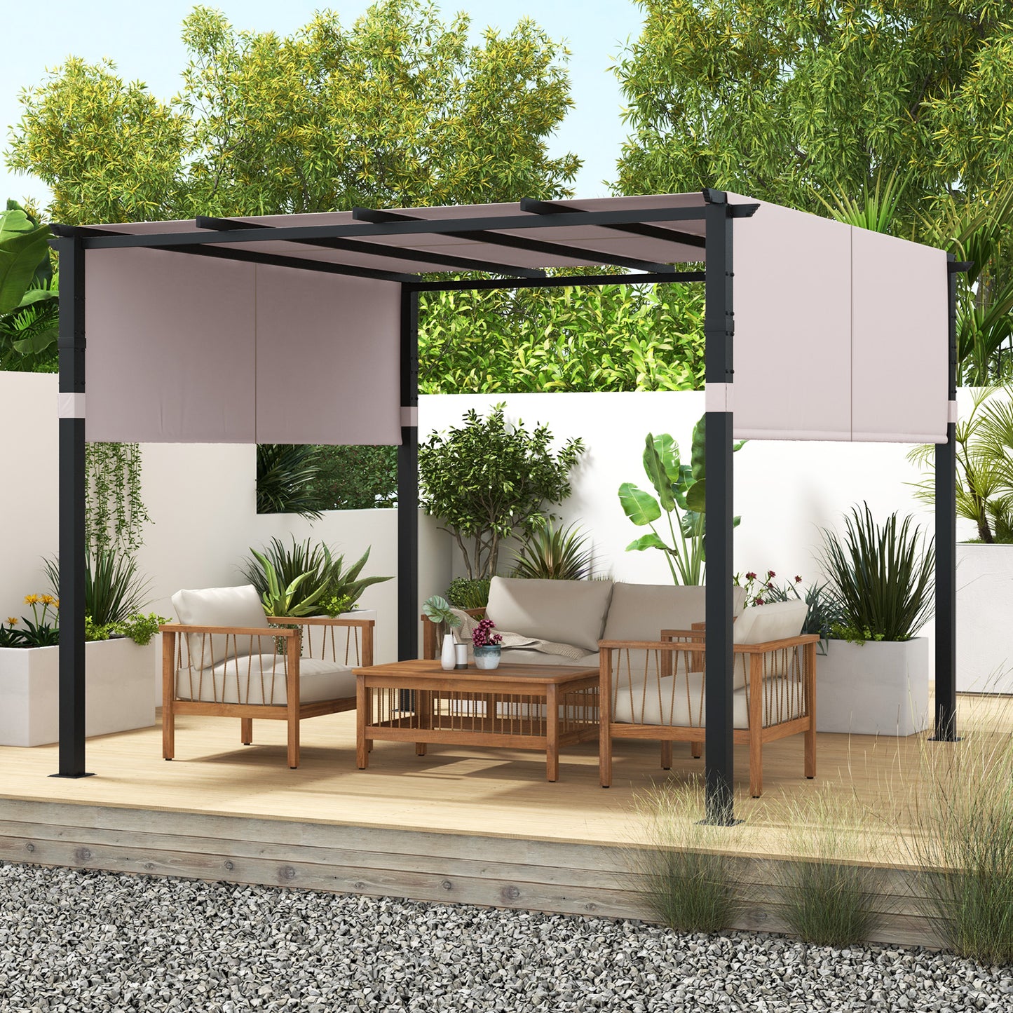 10 x 10 ft Flat Top Pergola with Retractable Canopy for Garden Pool Porch and Backyard, Gray Gazebos at Gallery Canada
