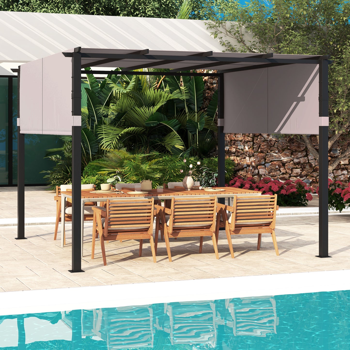 10 x 10 ft Flat Top Pergola with Retractable Canopy for Garden Pool Porch and Backyard, Gray Gazebos at Gallery Canada