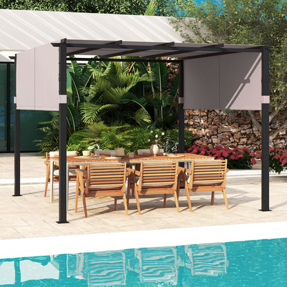 10 x 10 ft Flat Top Pergola with Retractable Canopy for Garden Pool Porch and Backyard, Gray Gazebos at Gallery Canada