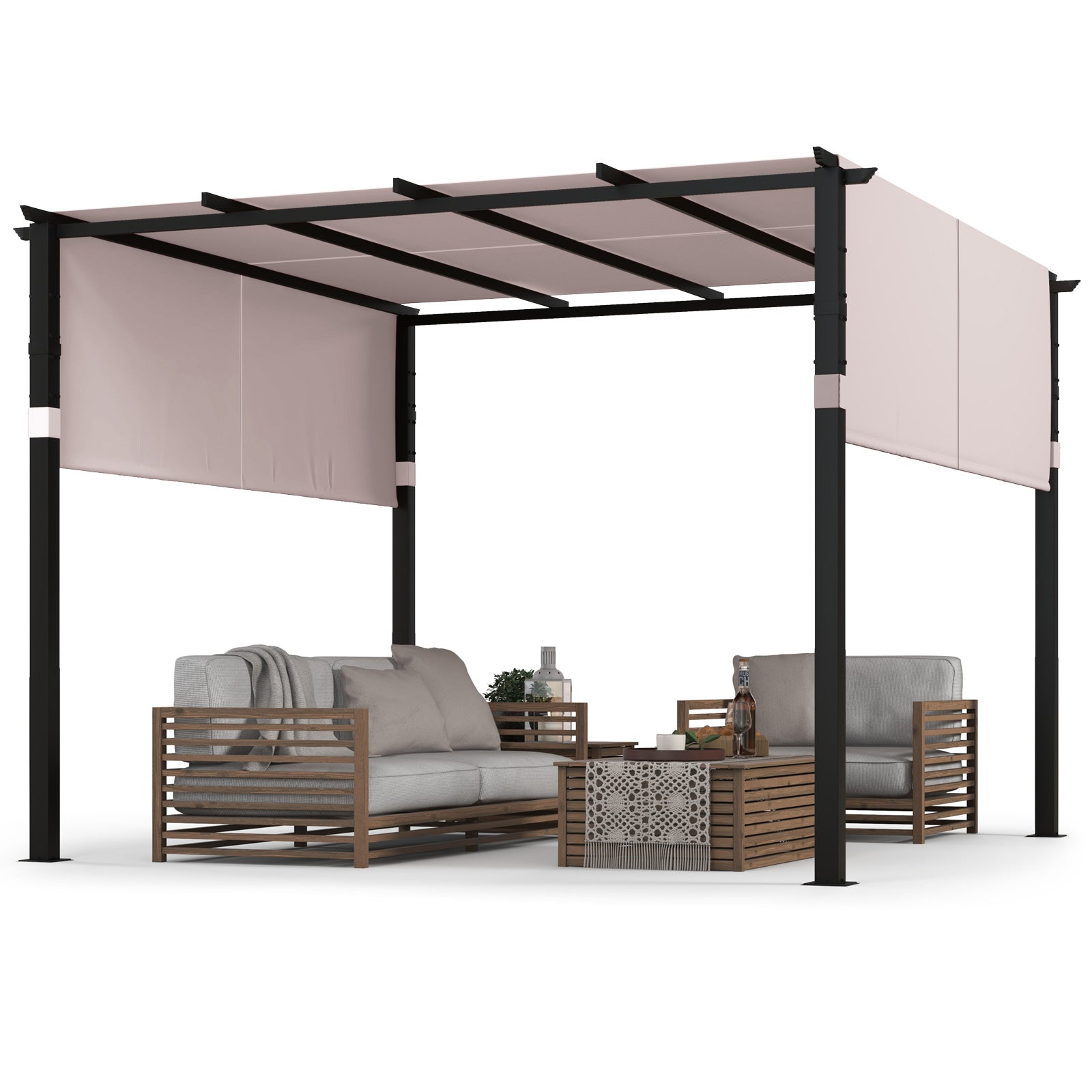 10 x 10 ft Flat Top Pergola with Retractable Canopy for Garden Pool Porch and Backyard, Gray Gazebos at Gallery Canada
