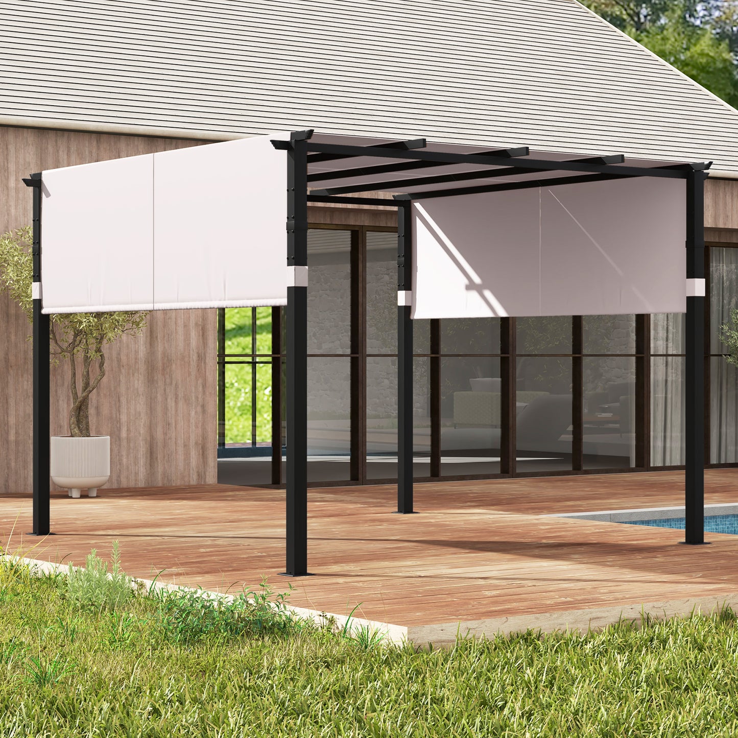 10 x 10 ft Flat Top Pergola with Retractable Canopy for Garden Pool Porch and Backyard, Gray Gazebos at Gallery Canada
