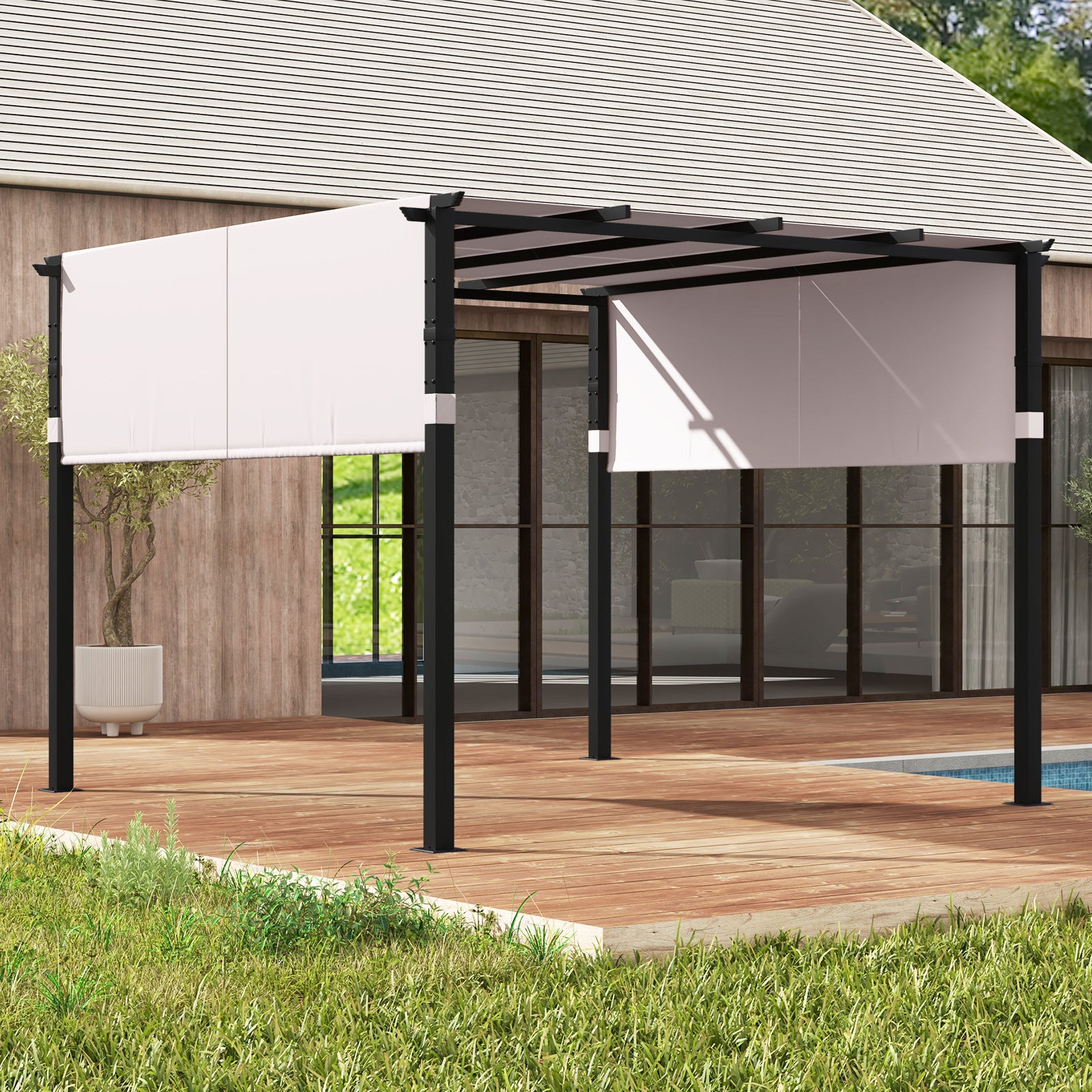10 x 10 ft Flat Top Pergola with Retractable Canopy for Garden Pool Porch and Backyard, Gray Gazebos at Gallery Canada