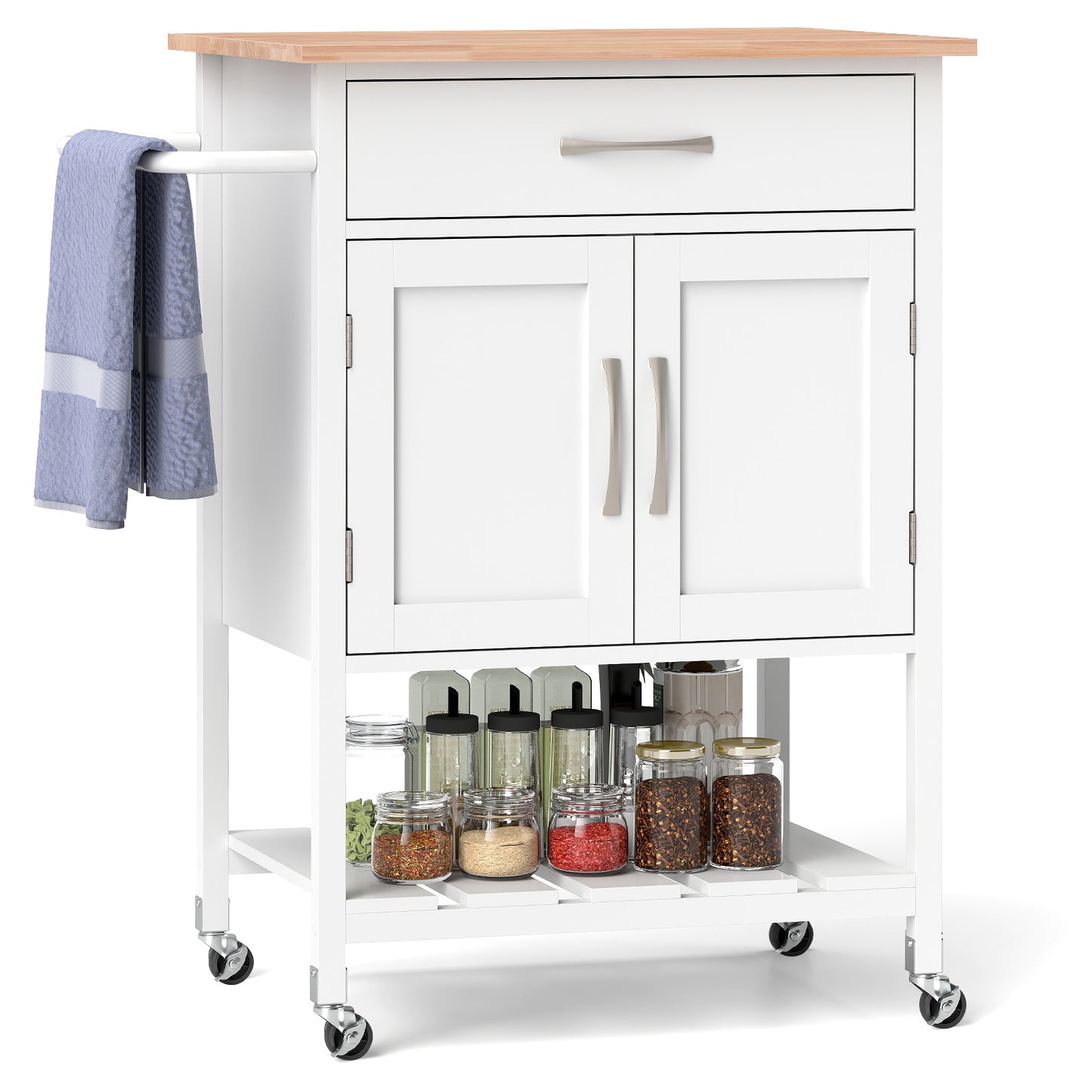 Chariot d'îlot de cuisine roulant avec tiroir, porte-serviettes, blanc