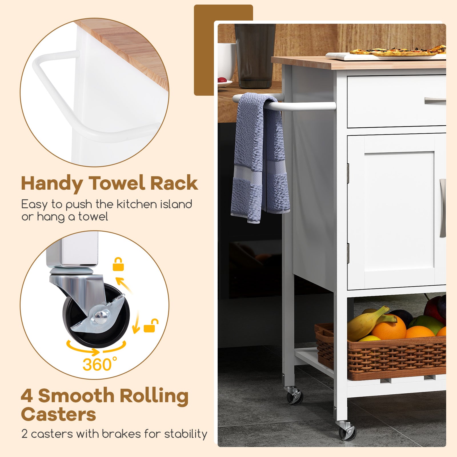 Rolling Kitchen Island Cart with Drawer and Towel Rack, White Kitchen Islands & Carts at Gallery Canada