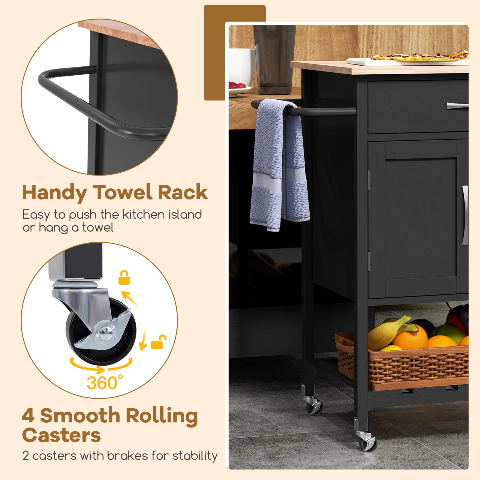 Rolling Kitchen Island Cart with Drawer and Towel Rack, Black Kitchen Islands & Carts at Gallery Canada