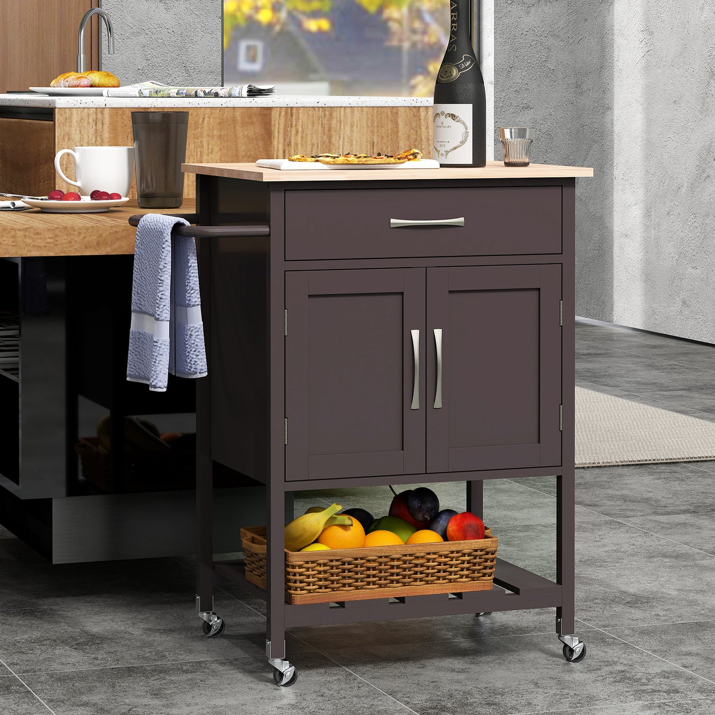 Rolling Kitchen Island Cart with Drawer and Towel Rack, Brown Kitchen Islands & Carts at Gallery Canada