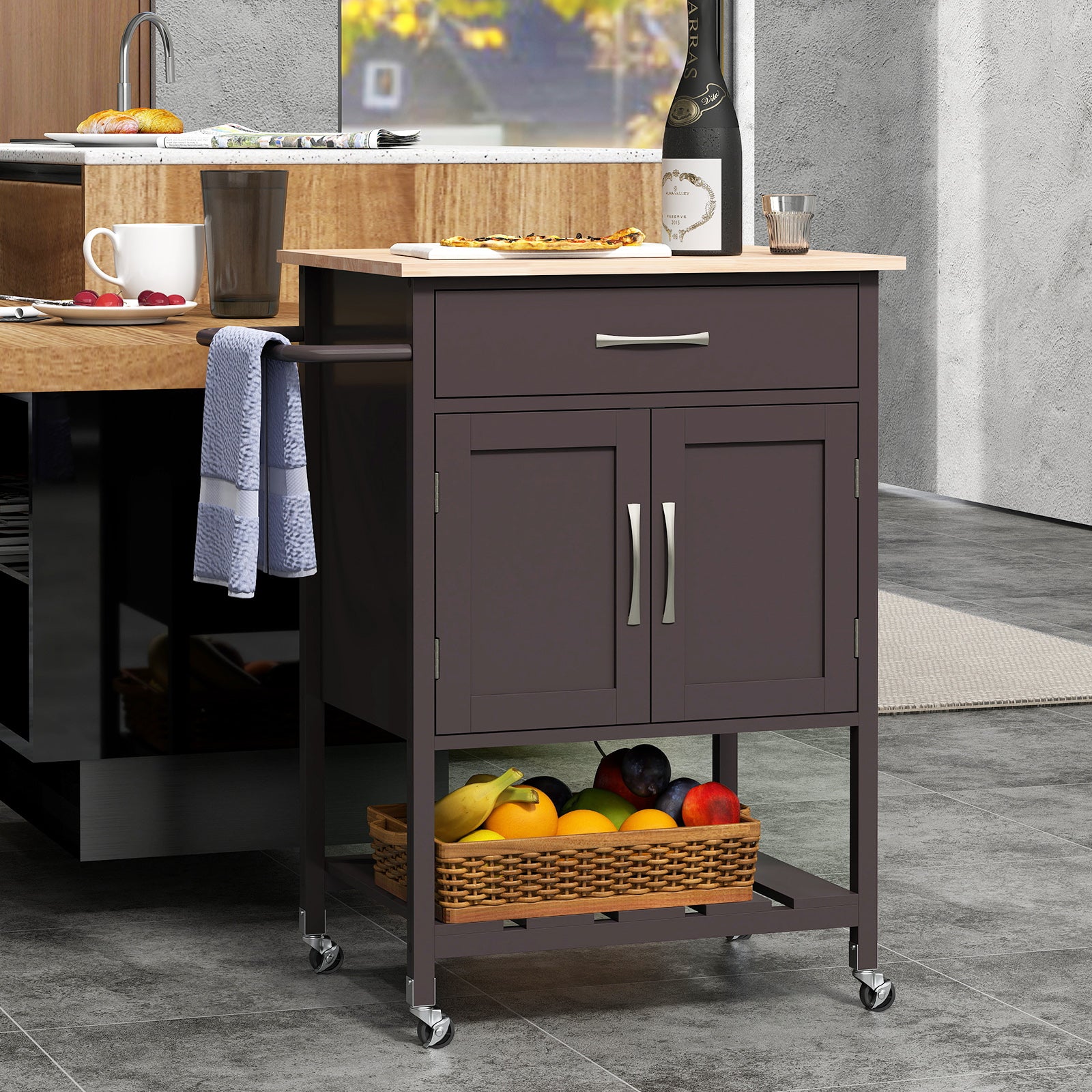 Rolling Kitchen Island Cart with Drawer and Towel Rack, Brown Kitchen Islands & Carts at Gallery Canada