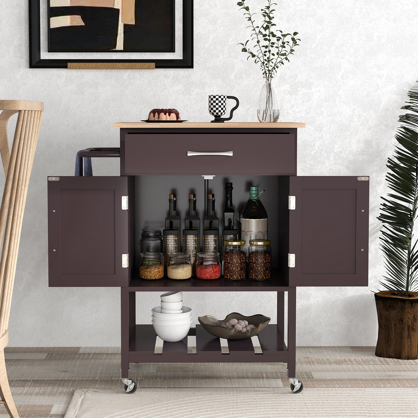 Rolling Kitchen Island Cart with Drawer and Towel Rack, Brown Kitchen Islands & Carts at Gallery Canada