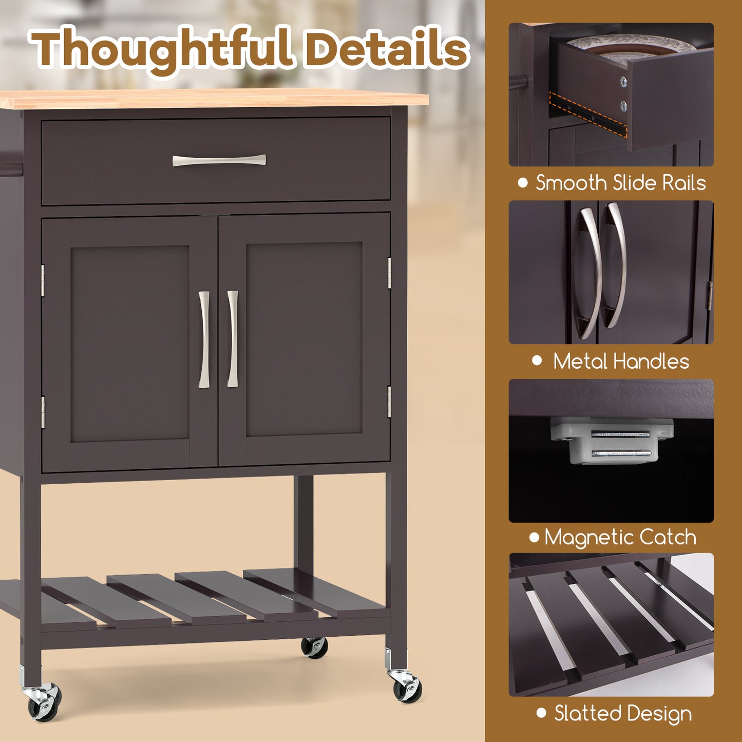 Rolling Kitchen Island Cart with Drawer and Towel Rack, Brown Kitchen Islands & Carts at Gallery Canada