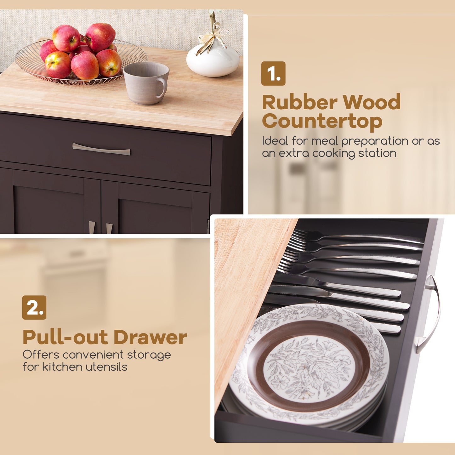 Rolling Kitchen Island Cart with Drawer and Towel Rack, Brown Kitchen Islands & Carts at Gallery Canada