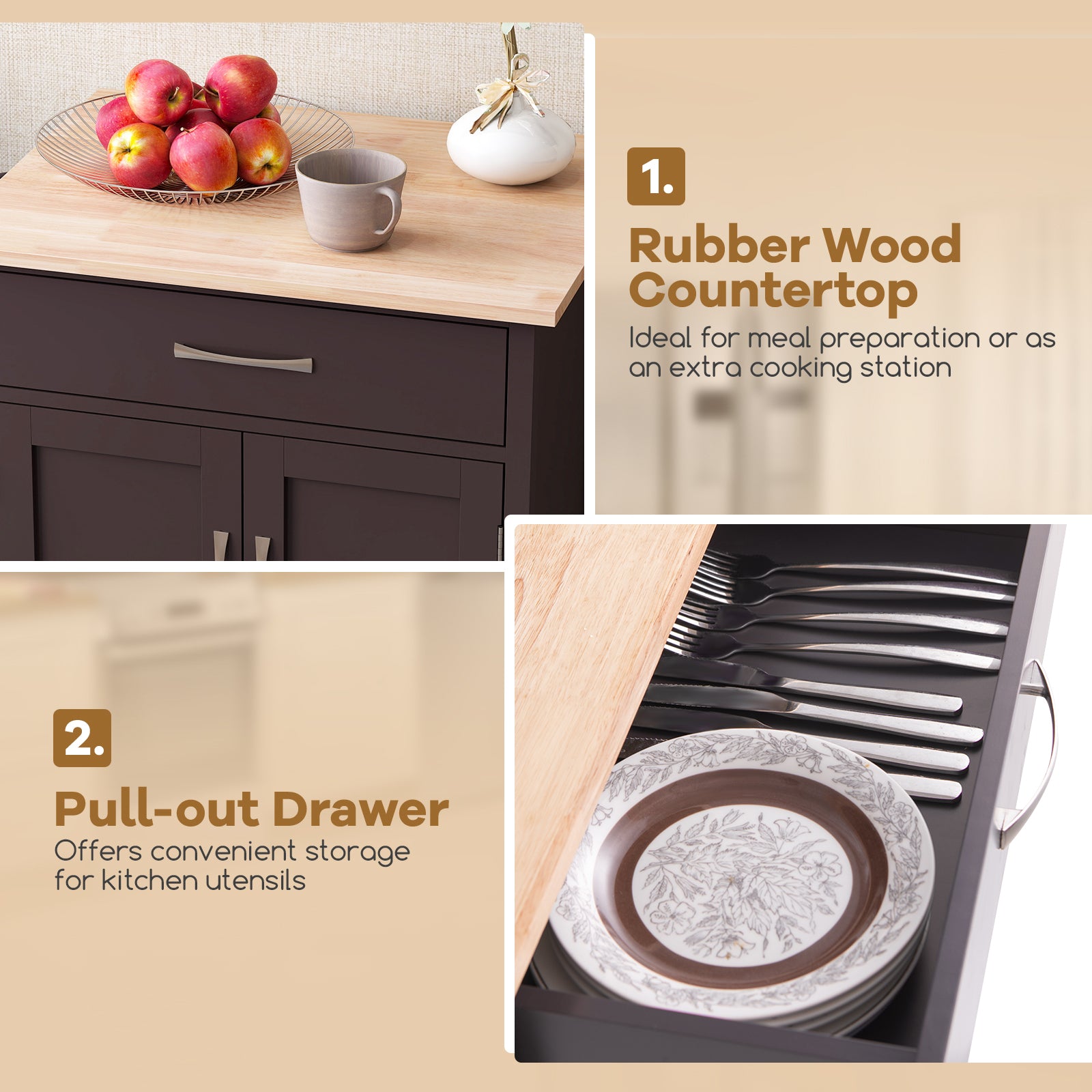 Rolling Kitchen Island Cart with Drawer and Towel Rack, Brown Kitchen Islands & Carts at Gallery Canada