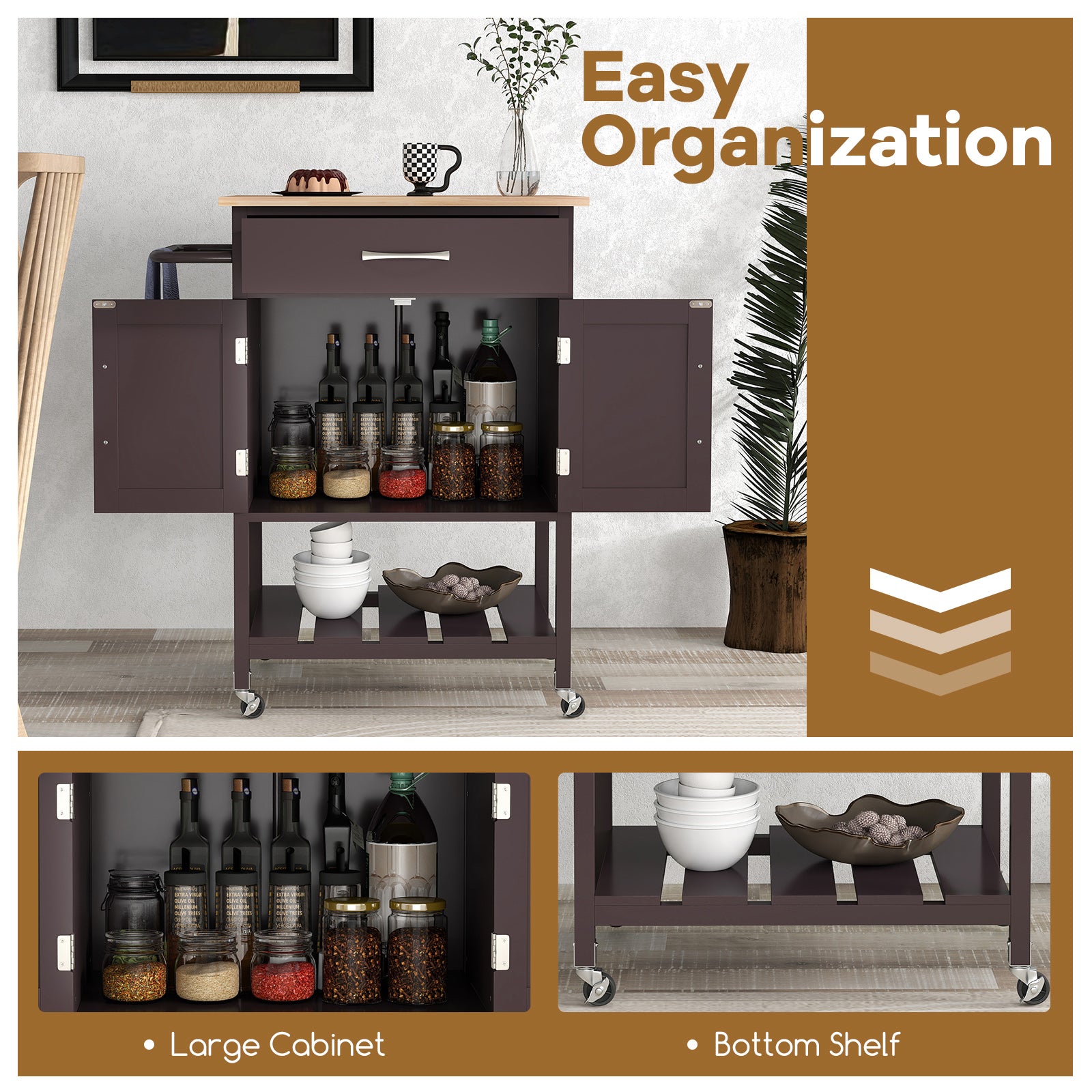 Rolling Kitchen Island Cart with Drawer and Towel Rack, Brown Kitchen Islands & Carts at Gallery Canada