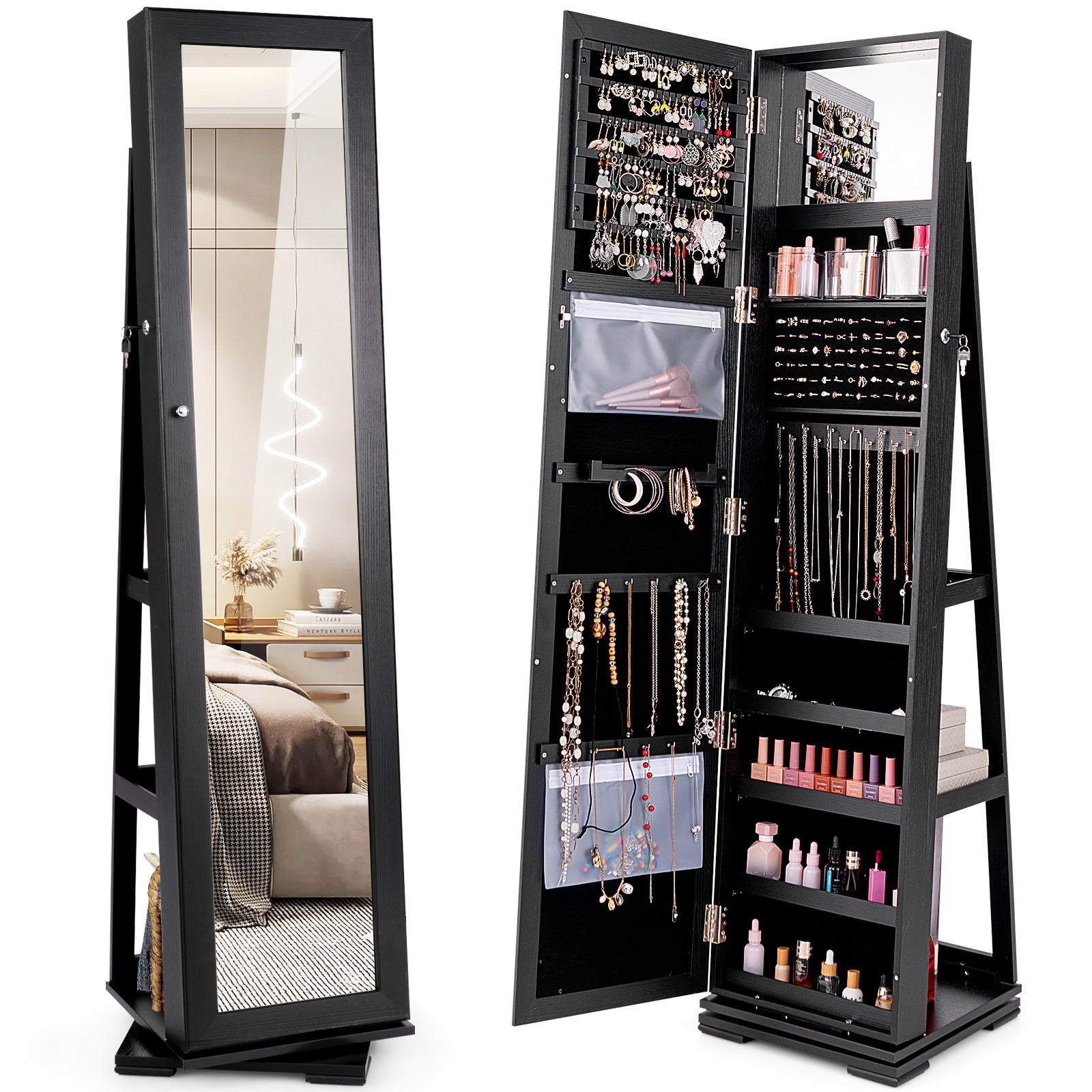 360° Rotatable 2-in-1 Lockable Jewelry Cabinet with Full-Length Mirror, Black Jewelry Armoires Black at Gallery Canada