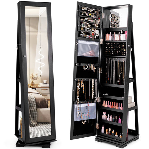 360° Rotatable 2-in-1 Lockable Jewelry Cabinet with Full-Length Mirror, Black