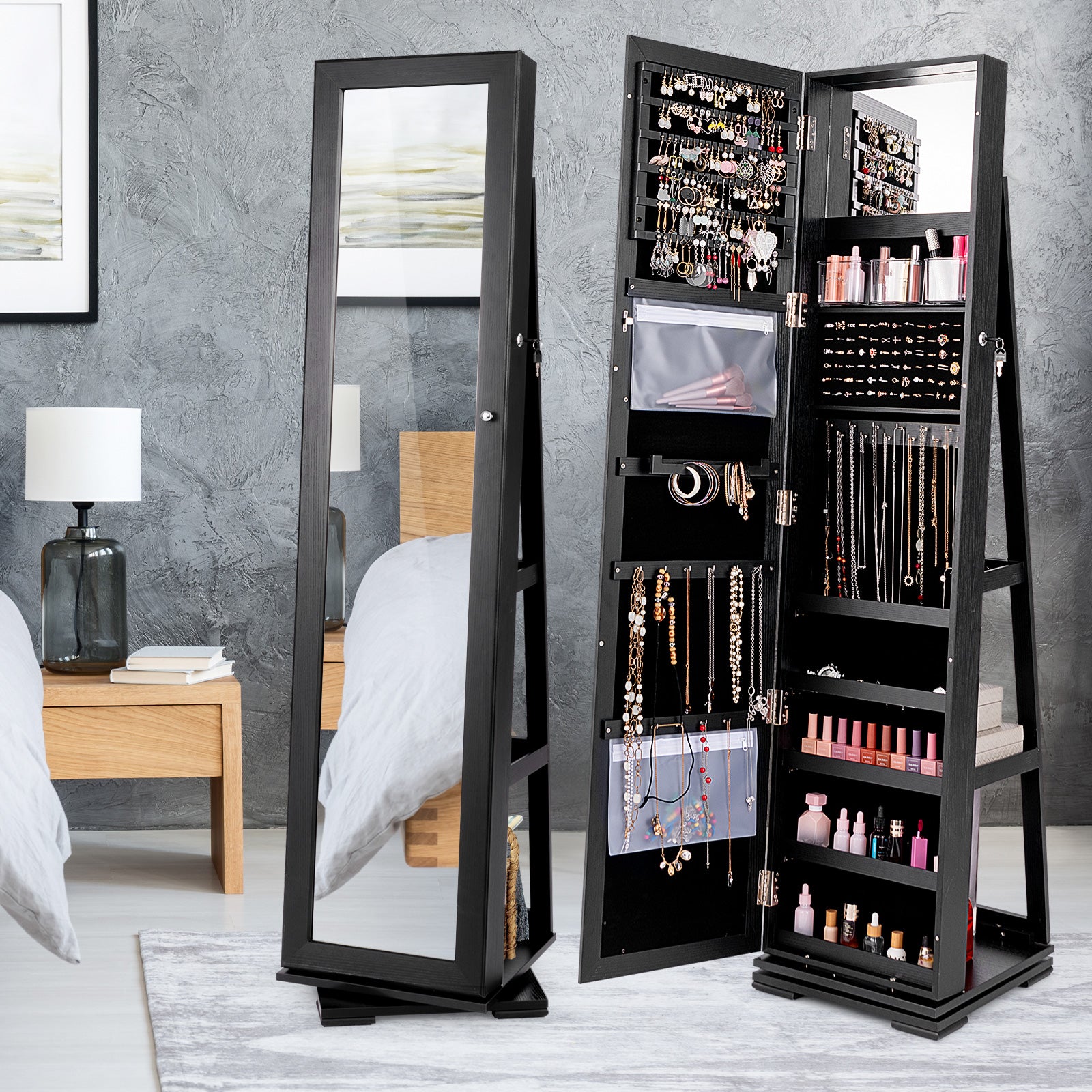 360° Rotatable 2-in-1 Lockable Jewelry Cabinet with Full-Length Mirror, Black Jewelry Armoires at Gallery Canada