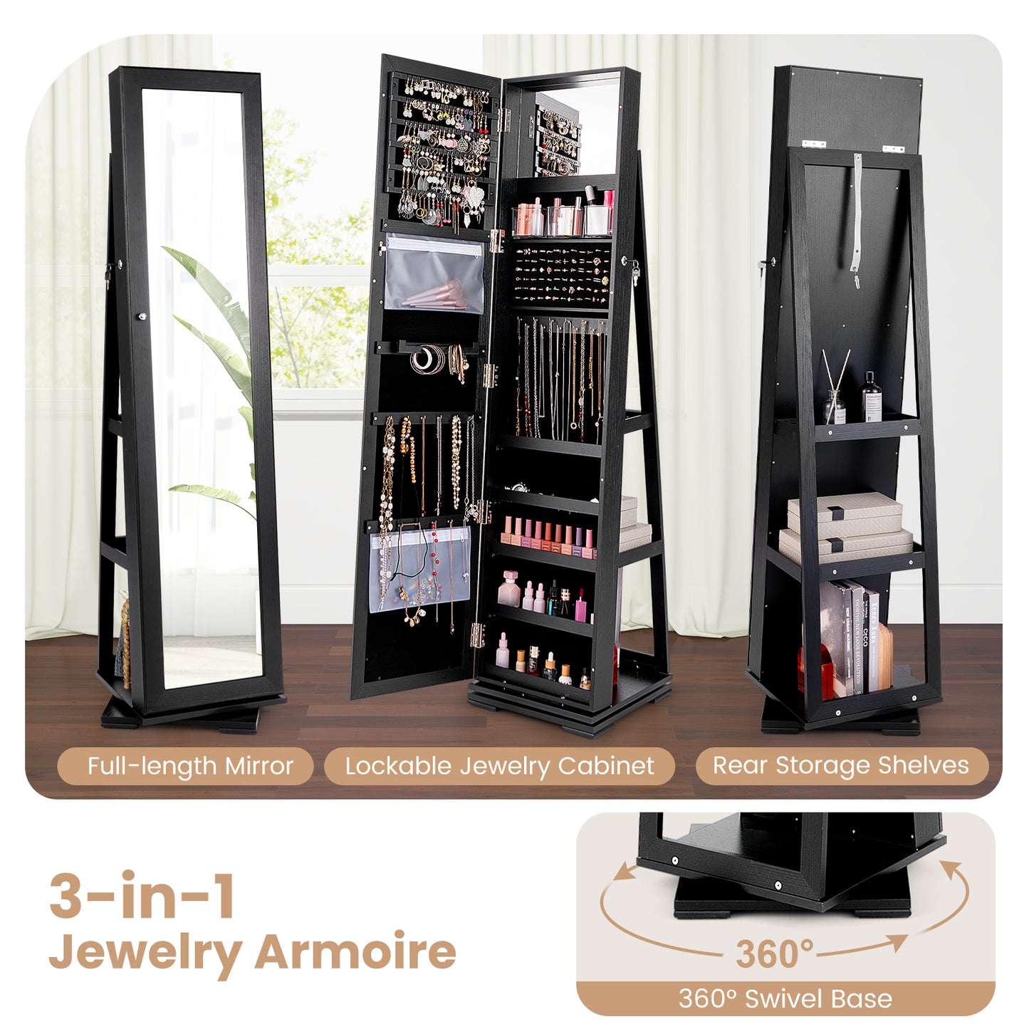 360° Rotatable 2-in-1 Lockable Jewelry Cabinet with Full-Length Mirror, Black Jewelry Armoires at Gallery Canada