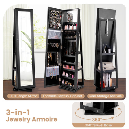 360° Rotatable 2-in-1 Lockable Jewelry Cabinet with Full-Length Mirror, Black Jewelry Armoires at Gallery Canada