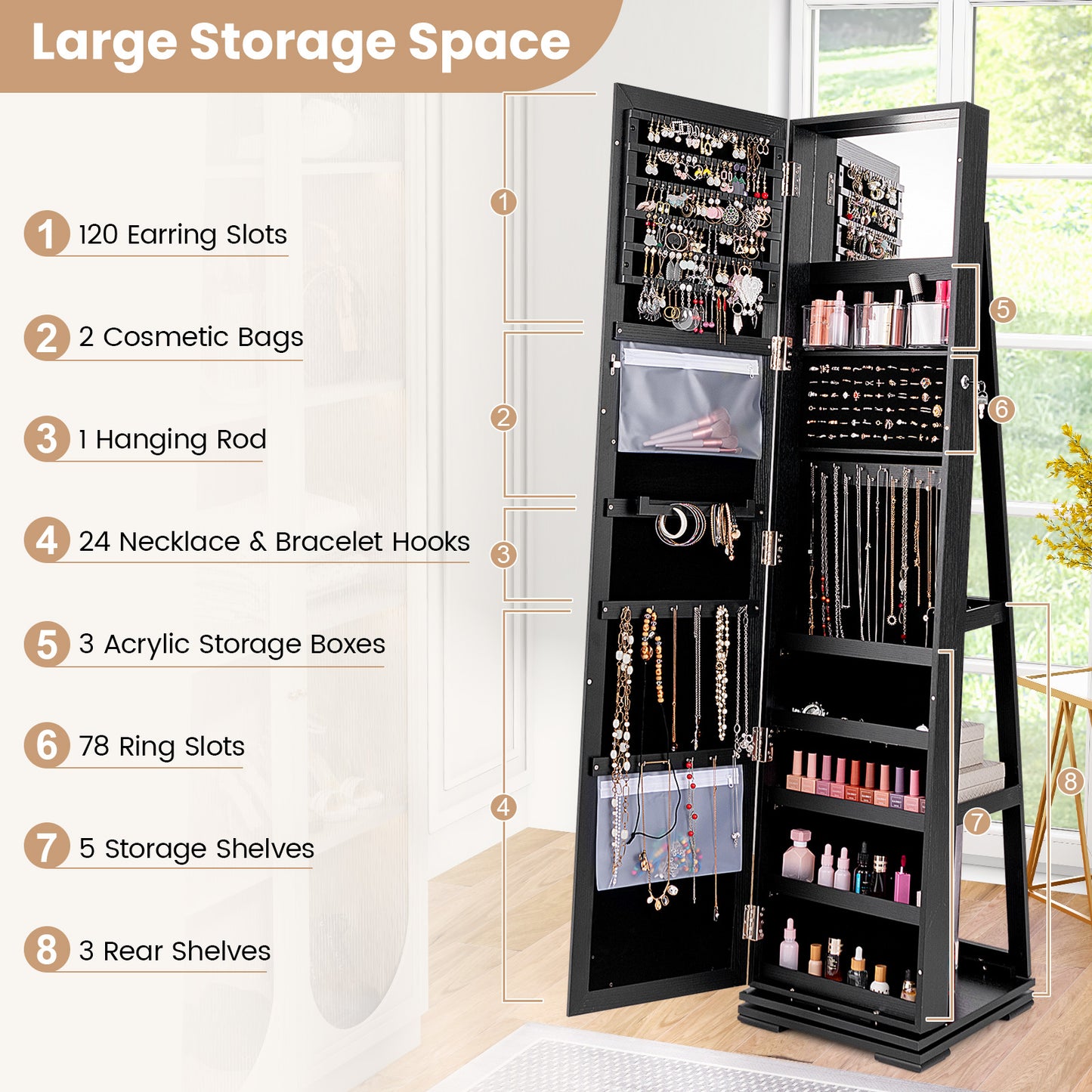 360° Rotatable 2-in-1 Lockable Jewelry Cabinet with Full-Length Mirror, Black Jewelry Armoires at Gallery Canada