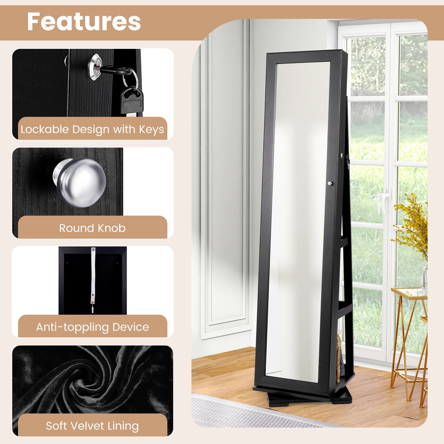 360° Rotatable 2-in-1 Lockable Jewelry Cabinet with Full-Length Mirror, Black Jewelry Armoires at Gallery Canada
