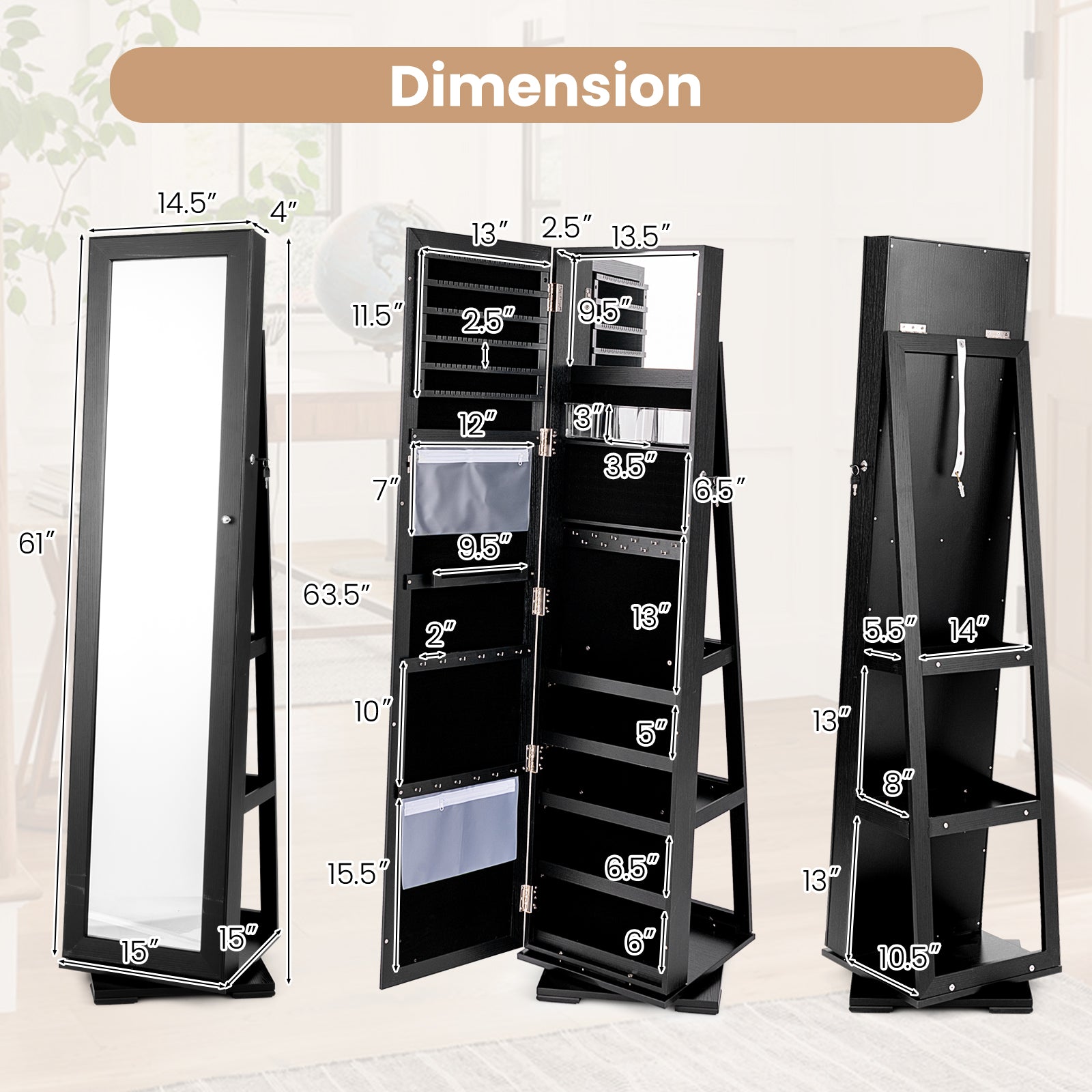360° Rotatable 2-in-1 Lockable Jewelry Cabinet with Full-Length Mirror, Black Jewelry Armoires at Gallery Canada