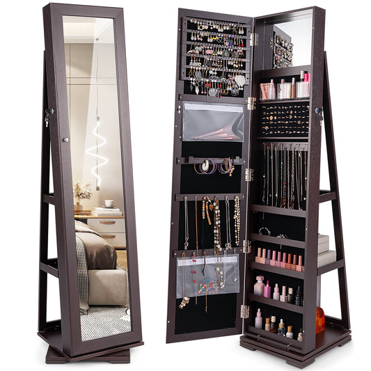 360° Rotatable 2-in-1 Lockable Jewelry Cabinet, Full-Length Mirror, Dark Brown Jewelry Armoires Dark Brown at Gallery Canada
