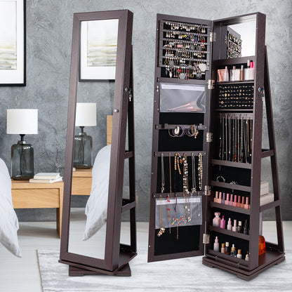 Armoire à bijoux verrouillable 2 en 1 rotative à 360°, miroir pleine longueur, marron foncé