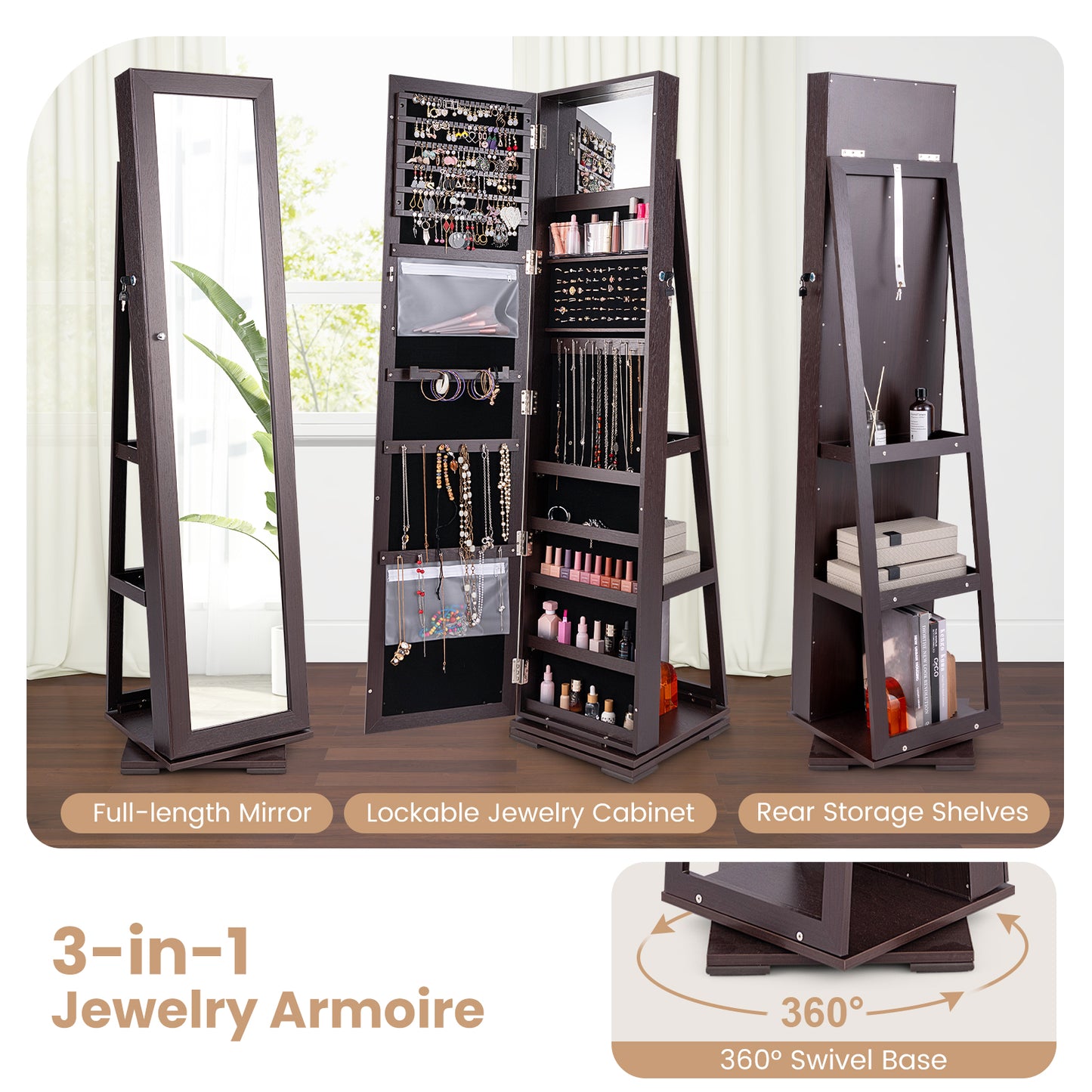Armoire à bijoux verrouillable 2 en 1 rotative à 360°, miroir pleine longueur, marron foncé