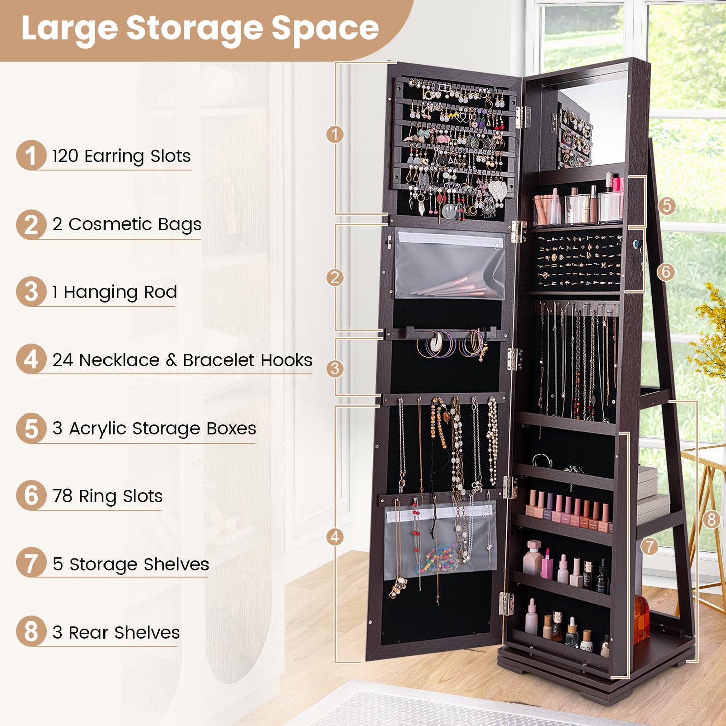 Armoire à bijoux verrouillable 2 en 1 rotative à 360°, miroir pleine longueur, marron foncé